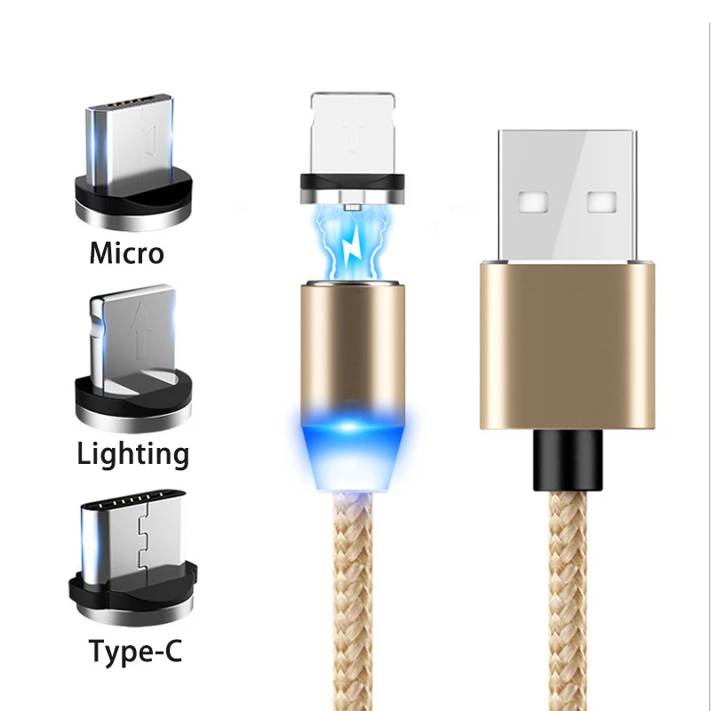 Магнитный USB 3 в 1 зарядный кабель для iphone Xs и type-C и Micro USB кабель с нейлоновой оплёткой для iphone huawei xiaomi fast chage - Цвет: Золотой