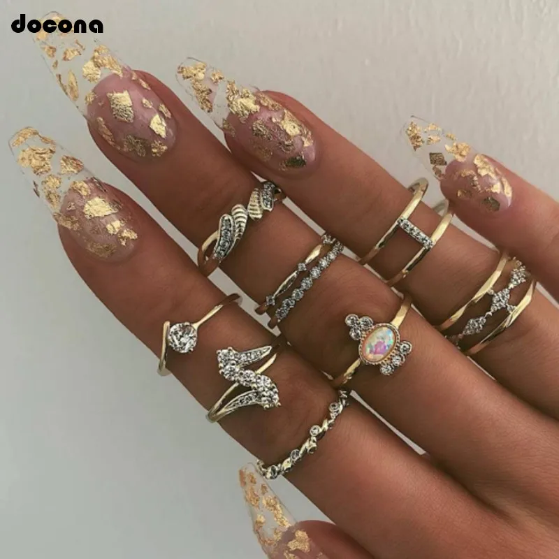

docona Bohemian Gold Color Crystal Rhinestone Geometric Knuckle Midi Ring Set for Women Alloy Carving Ring Set Brincos A27303