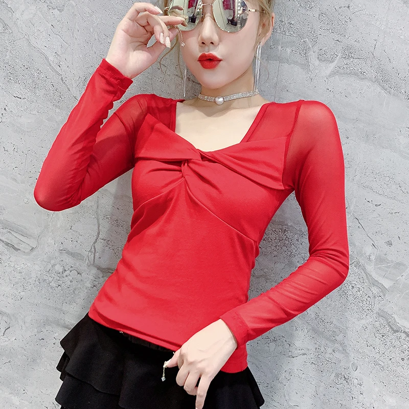Red long sleeve Корейский сексуальный сетчатый топ с v-образным вырезом в стиле пэчворк, осенне-зимний женский Топ с длинным рукавом на спине, Camiseta Mujer, джемпер T98205 - Цвет: Red long sleeve