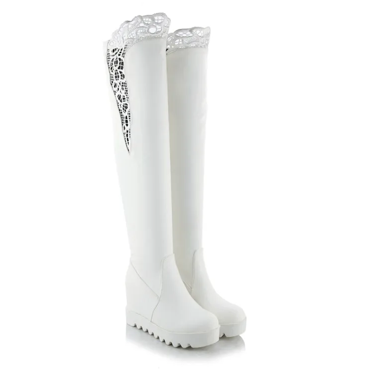 15_Womens Winter Korean Thick Crust Diamond Elegant Wedges Knee High Heeled Knight Boots Sale White Black