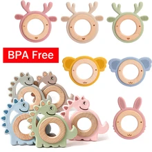 Bebê mordedor silicone dinossauro animal de madeira anel faia recém nascido bpa livre chocalho do bebê brinquedos silicone roden pingente pulseira infantil