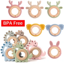 Mordedor de silicona con forma de dinosaurio para bebé, anillo de madera de haya para recién nacido, libre de Bpa, sonajero para bebé, pulsera colgante de silicona