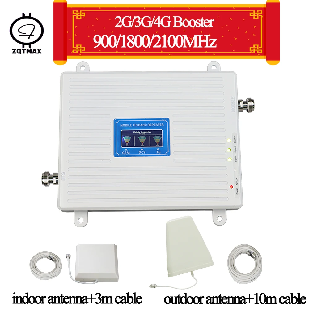 ZQTMAX 2G 3g 4G Мобильный усилитель сигнала gsm wcdma dcs повторитель 900 1800 2100 трехдиапазонный UMTS LTE усилитель сотовой связи данных+ антенна