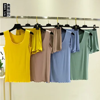 

Korean-style Spring and Summer Paragraph Loose Vest Home Set Modal Solid Color WOMEN'S Shorts Elasticity Pajamas, Two Piece Suit