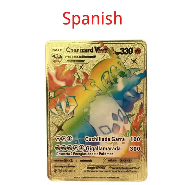Spanish Pokemon Metal Card Pikachu Fire-breathing Dragon VMAX Gold V/GX/OX Card Toys Play Games Collection Card Children's Gifts 12