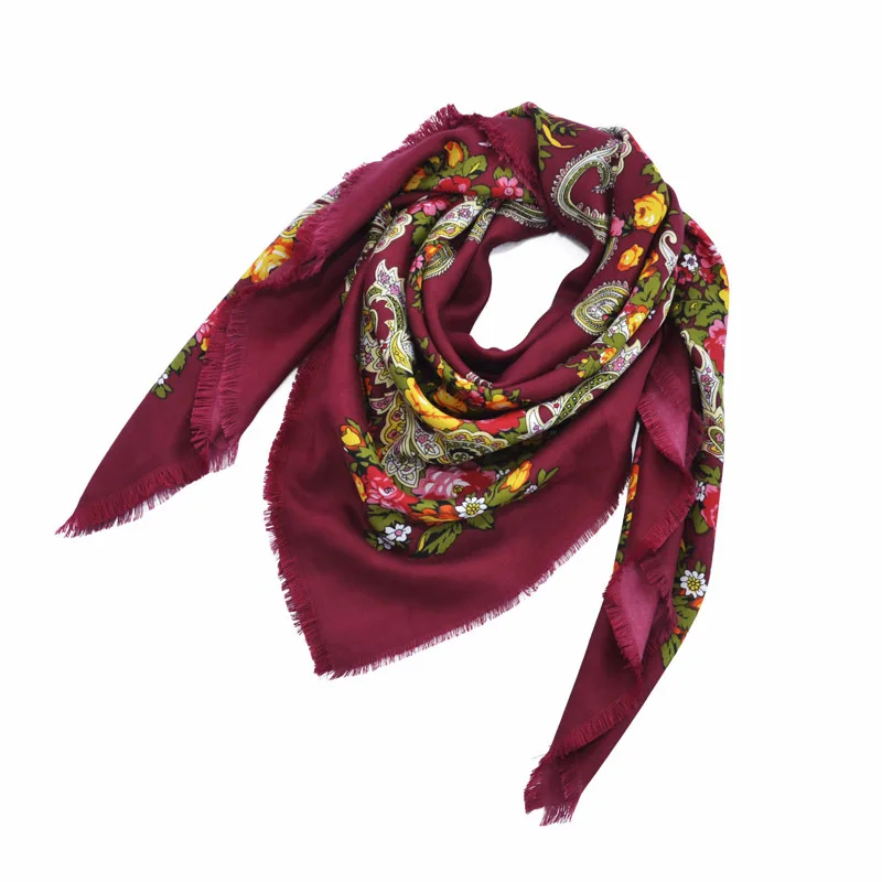 Russian Shawl Ukrainian Handkerchief Headscarf Church Babushka Paisley Autumn Winter Hair Head Wrap National Square Cotton Hijab - Цвет: Burgundy