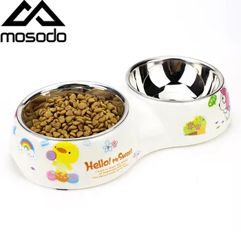 

Dog bowl Imitation Ceramic Design feeding and drinking water double bowl bottom antiskid pet bowl with stainless steel inner bow