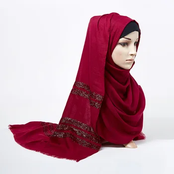 

Fashion Shiny Gold Silk Line Cotton Linen Scarf Muslim Hijab Shawl Autumn Winter Headscarf Turban Tudung Shawls