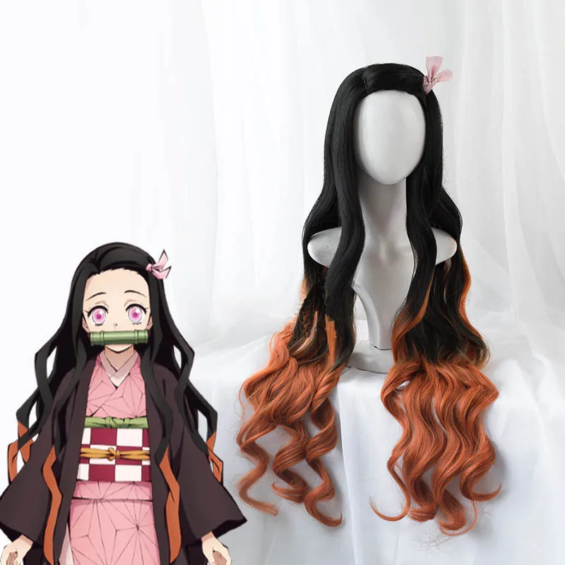 Demon-Slayer-Kimetsu-no-Yaiba-Nezuko-Kamado-Cosplay-Wig-100cm-Wavy-Heat-Resistant-Hair-Cosplay-Costume