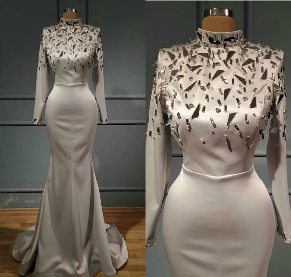 

Silver Evening Dresses Major Crystal High Neck Mermaid Prom Dress Sweep Train Satin Party Receiption Formal Dress
