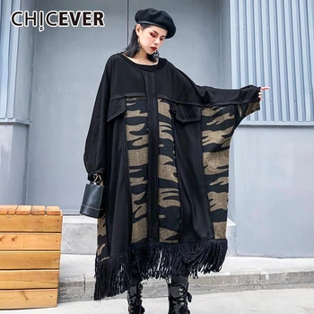 

CHICEVER Patchwork Tassel Hit Color Knitted Dress Women O Neck Batwing Sleeve Oversized Plus Velvet Midi Dresses Female 2020 New