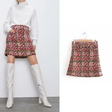 ZA Новая модная женская одежда ретро-винтажная Смешанная клетчатая маленькая шерстяная Смешанная вязаная мини-юбка с бисером