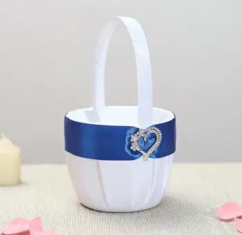 

22CM Elegant Flower Basket in Satin With Blue Ribbon and Heart Rhinestones