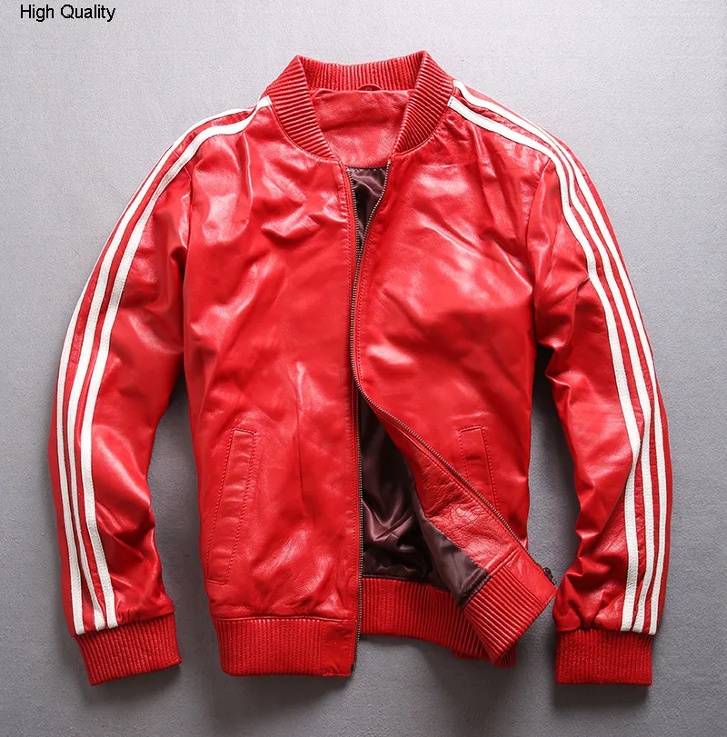 

Beckham same style Genuine leather coat Couple models Sheep skin jacket slim short Three bars Baseball clothing woman's