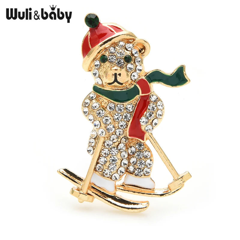 Wuli &amp baby Sking броши в виде медведя Стразы 3 цвета Сноубординг животное новый год