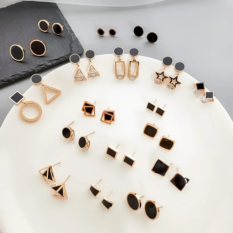 Стильные корейские новые Кристальные черные модные геометрические квадратные металлические маленькие серьги-гвоздики для женщин, ювелирные изделия, серьги