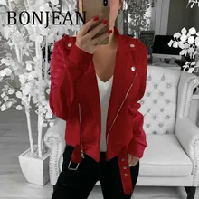 Bonjean/женская короткая куртка осенние пальто и верхняя одежда тонкая куртка с отложным воротником и поясом с длинным рукавом Красная куртка BJ1708