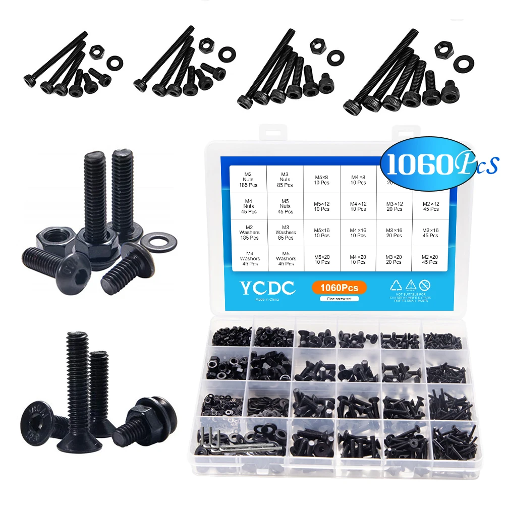

1060Pcs M2 M3 M4 M5 Hex Socket Screw Set Flat Round Cap Carbon Steel Kit with Storage Box Head Bolts Bolts and Nuts Assortment