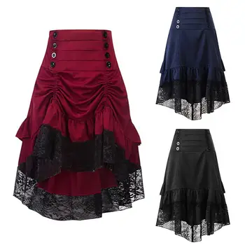 

Medieval Women Irregular Lace Patchwork Buttons Trumpet A-Line Ruffles Skirt