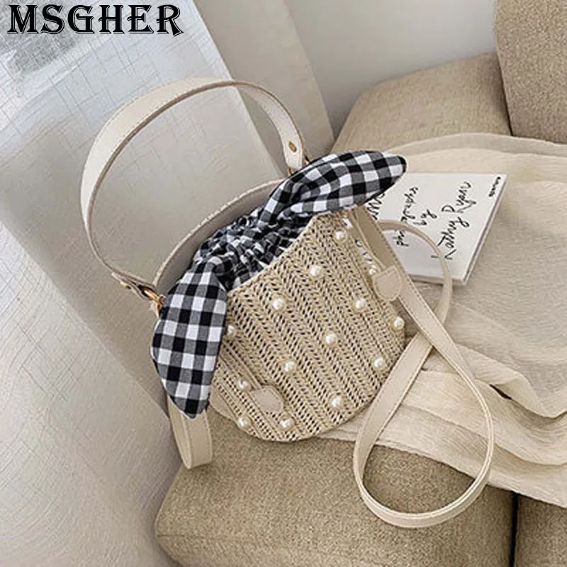 

MSGHER Straw Pearl Women Bucket Bag String Plaid Interlin Bowknot Summer Beach Lovely SHoulder Wristband Lagy Handbag WB2680