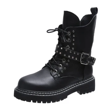 

Double Row Metal Rivets British Style Retro Flat Bottom Rivet Short Boots Thick Heel Cross Straps Belt Buckle Mid-Calf Boots