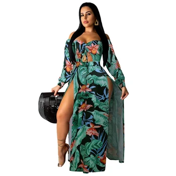 

Zuctuo Women Dress Long sleeved off-the-shoulder straps wrapped chest print irregular split sexy long dress