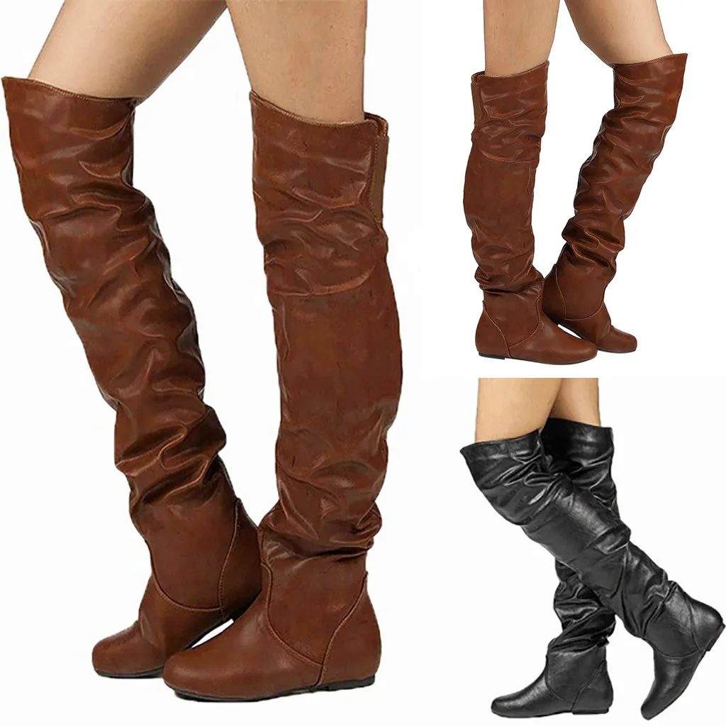 Botas por encima de la rodilla para mujer, Botas Largas de cuero con punta  redonda y tacón bajo, zapatos de invierno # G3|Botas sobre la rodilla| -  AliExpress