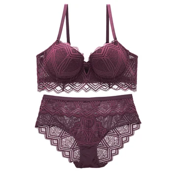 

Push Up Bra Set Hollow out Padded Cup Argyle Lace Decoration Underwired Lingerie Women Set