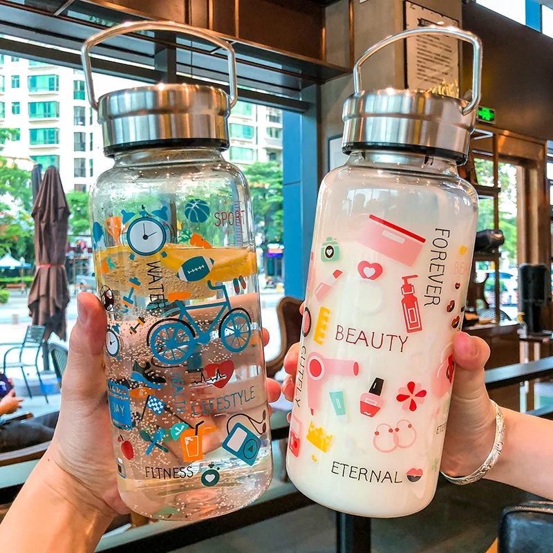 

1000ml Fashion Graffiti Glass Water Bottle Adult Sport Large Capacity Transparent Space Cup Portable Tea Strainer Filter Bottles