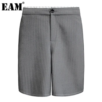 

[EAM] HighWaist Black Striped Split Joint Gray Knee Length Trousers New Loose Fit Pants Women Fashion Tide Spring Autumn 2020