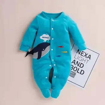 

Spring Autumn Round Neck Long-sleeved Single-breaste Romper Cotton Pckaged Feet Baby Rompers Whale Pattern Pajamas Bodysuit