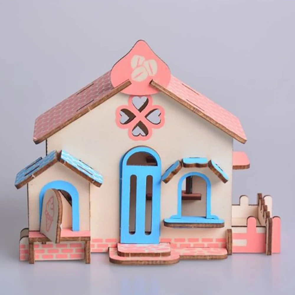 

Lychee Life 3D Wooden Puzzle Model Pink Blue Cabin Model DIY Children Wood Craft Kits Home Desk Decoration