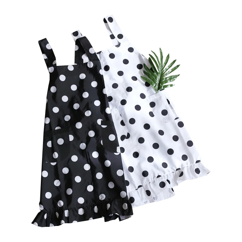 

Senyue Nordic Black-and-White Waterproof Apron with Wave Points Japanese and Korean Edition Lace Kitchen Apron Oil-proof Cover