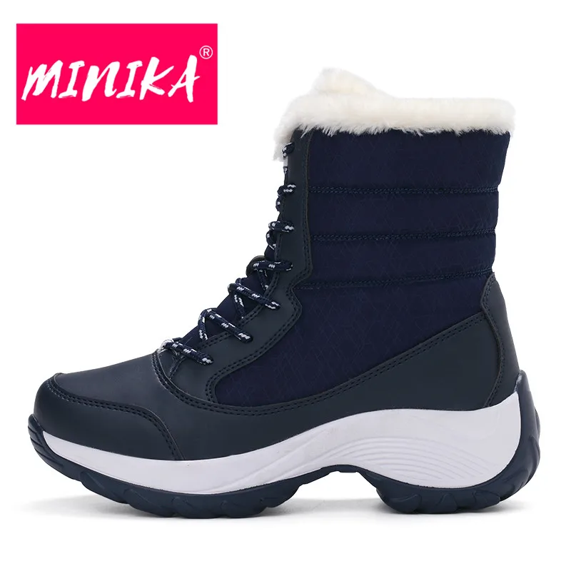 Синий MINIKA/женские ботильоны; теплая зимняя обувь на меху; женские водонепроницаемые зимние ботинки с круглым носком; удобная женская обувь на резиновой подошве - Цвет: Синий
