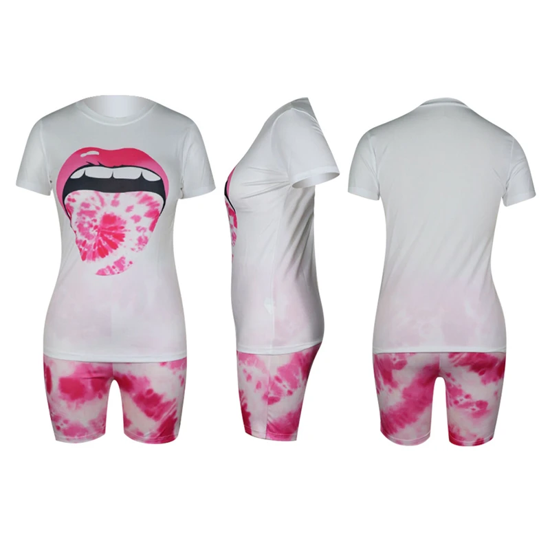 

Woman 2-piece Printed Sports Pants, Big Tongue Pattern Short Sleeve Classic Round Neck Summer Clothing