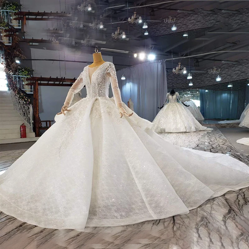 HTL2052 Elegant Extravagant Sequin Crystal Pearls Wedding Dress 2021 Sexy V-Neck Long Sleeve Lace Up Back 3