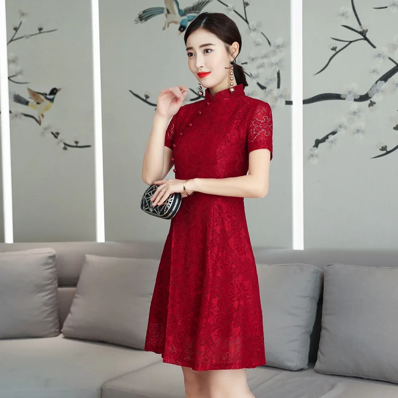

2019 Summer New Style Korean-style Dignified Glorious GIRL'S Chinese-style Improved Daily Life Cheongsam Lace Dress
