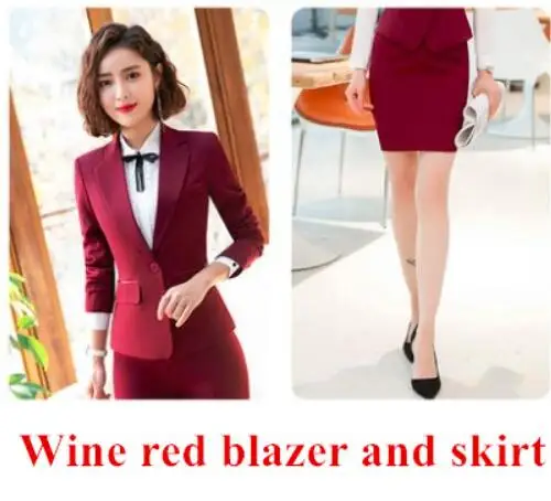 Wine coat and skirt Новые Модные Элегантные женские брючные костюмы комплект из двух предметов деловой Тонкий Блейзер с длинными рукавами и брюки Офисная Женская рабочая одежда - Цвет: Wine coat and skirt