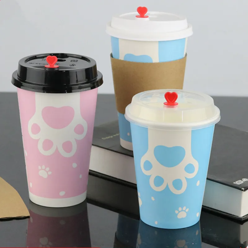 

50pcs High quality thickening pink blue cartoon disposable milk tea paper cup 400ml 500ml coffee soy hot drink cup with lid