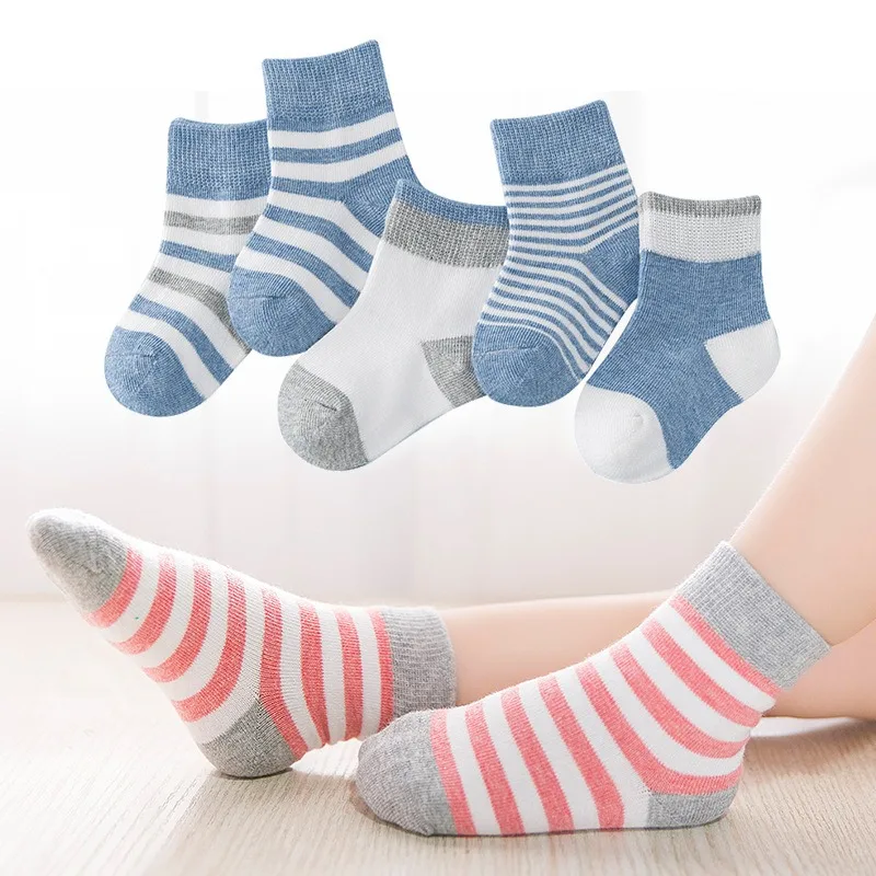 5 пар носков для новорожденных осенние синие и розовые полосатые носки От 0 до 10 лет для маленьких мальчиков, Детские Зимние хлопковые носки для девочек
