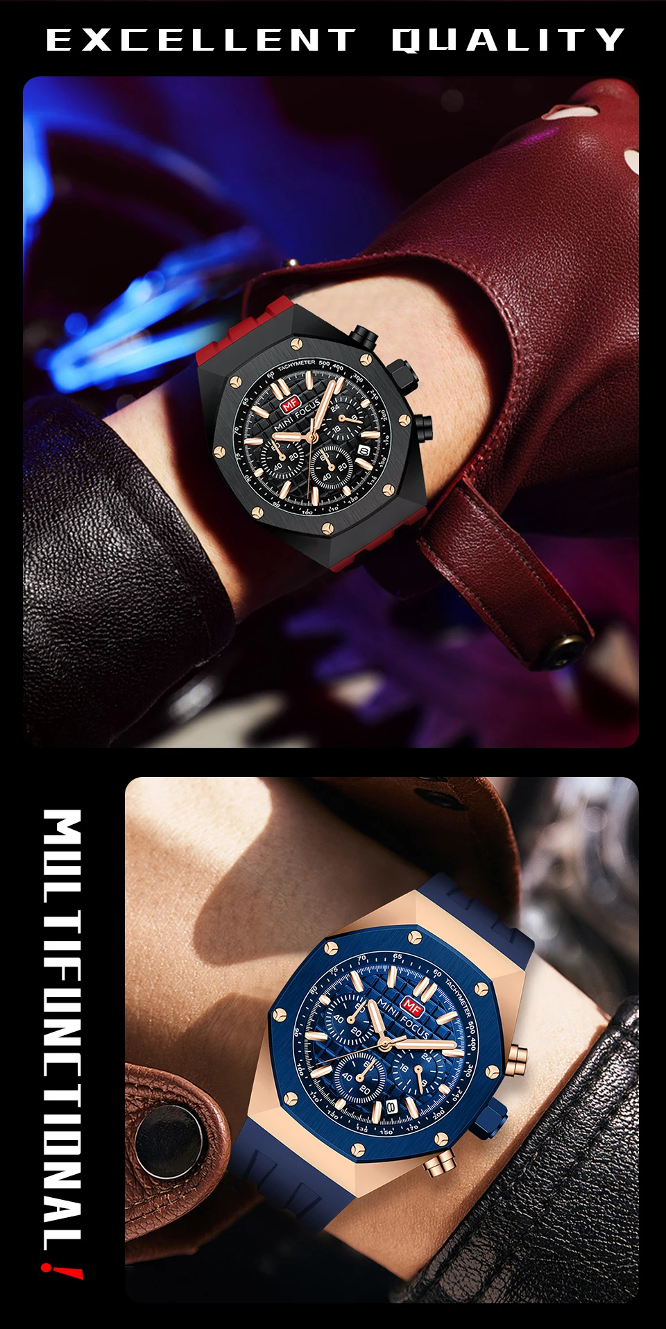 MINI FOCUS Polygon Design Alloy Quartz Wristwatch Luxury Brand Watch Men High Quality Silicone Chronograph Sport Waterproof Male