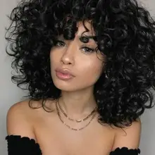 Синтетический афро кудрявый Кудрявый с челкой черные волосы термостойкий парик для женщин