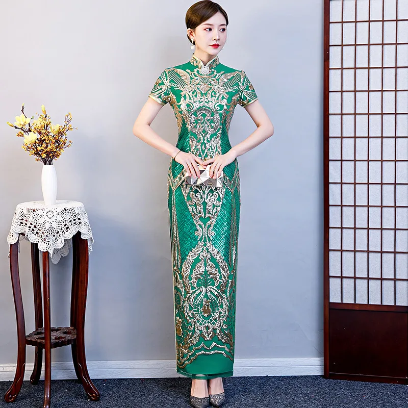 

Chinese Style Sequin Flowers Improved Cheongsam Women Slim Retro Qipao Elegant Evening Party Dress Short Sleeve Oversize S-5xl