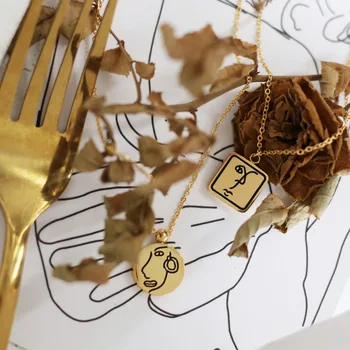 

Line face abstract hand-painted black enamel square round portrait necklace clavicle chain female 18k gold-plated preservation