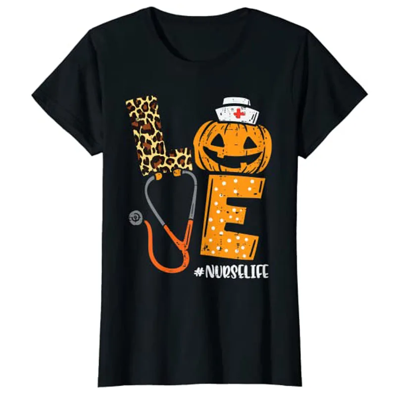 

Womens Love Nurse Life Pumpkin Leopard Fall Halloween Nurses Women Graphic Tee T-Shirt Woman T Shirts