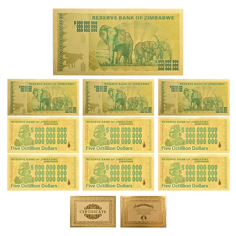 Zimbabwe$ Z100 триллион/100 кинтриллион/5 октиллион/100 декальон долларовые банкноты из золотой фольги реплики банкнот Бумажные деньги бизнес подарок - Цвет: 10pcs 5 Octillion