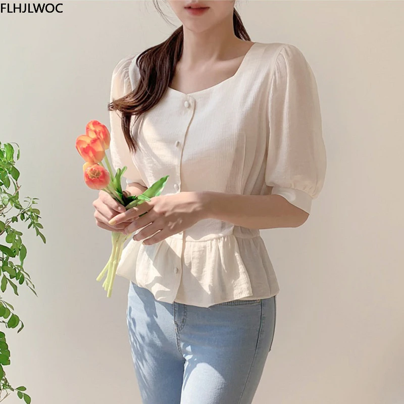 Cute Sweet Ruffled Peplum Tops Summer Korean Chic Japan Style Flhjlwoc Preppy Girls Semi Transparent Shirt Women Top Blouses 2