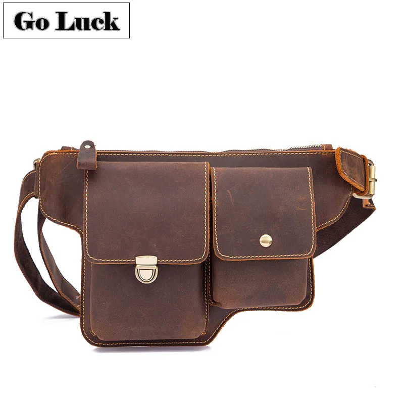 

GO-LUCK Brand Crazy Horse Genuine Leather 7' Cell Phone Pouch Case Men Waist Fanny Pack Men's Shoulder Bag Sling Chest Bags