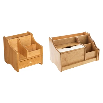 

2 Pcs Multifunctional Storage Box Bamboo Desktop Organizer Remote Control Storage Rack, 18.8X18.5X18Cm & 30X18.5X18Cm