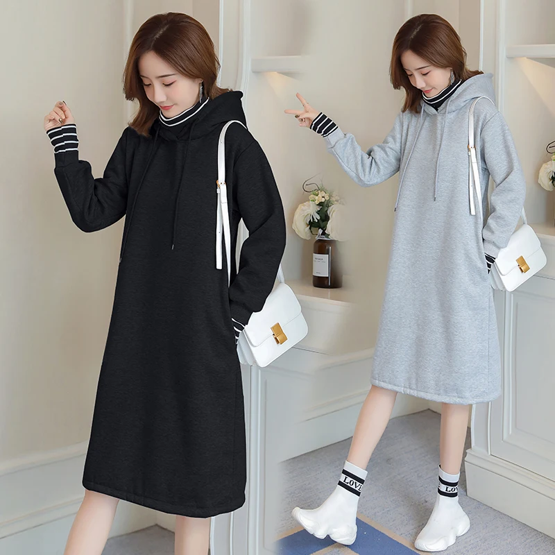 

Solid Color Plus Velvet Maternity Winter Sweatshirt Korean Loose Long Pregnancy Hoodie Sweatshirt Clothes for Pregnant Women